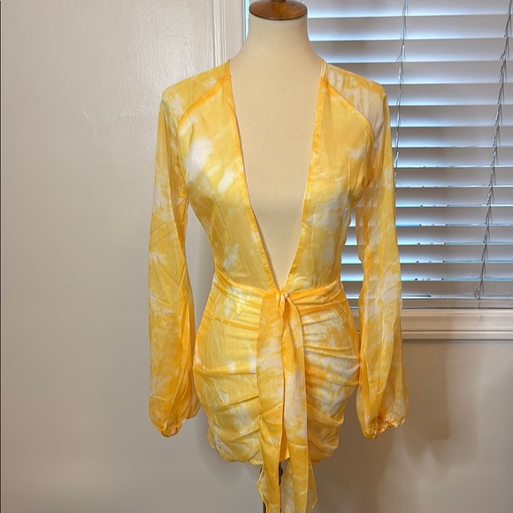 Chartreuse tie dye chiffon long sleeve bodycon size 6 - Picture 2 of 6